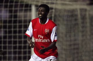 Emmanuel Adebayor celebrates after scoring his third goal for Arsenal against Derby County in April 2008.