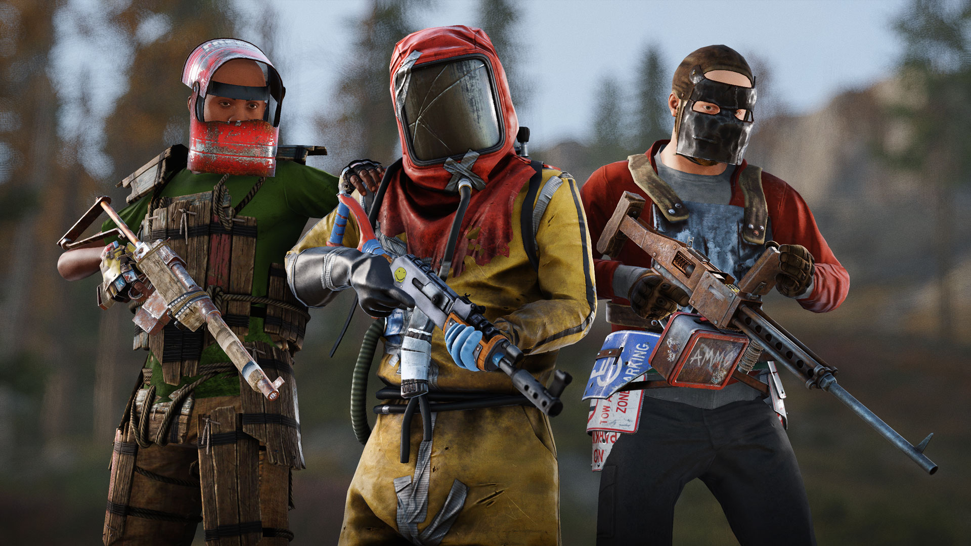 Three Rust players all holding automatic weapons with pieced-together, falling apart armor