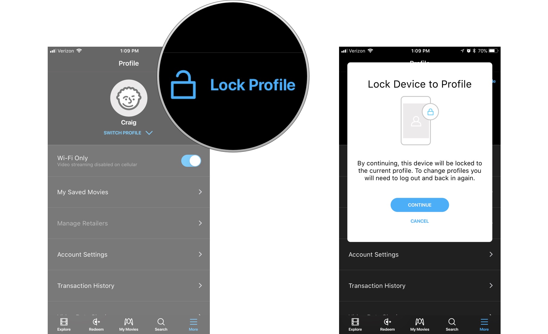 Click on Lock Profile while you're using a device to lock an age-restricted profile