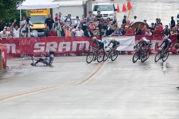 Rashaan Bahati (Rock Racing) goes down in the final turn and slides.