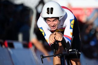 Team Lidl-Trek's Mathias Vacek competes in the stage 1 of La Vuelta a Espana cycling tour, a 12 km time-trial race from Lisbon to Oeiras, on August 17, 2024. (Photo by MIGUEL RIOPA / AFP)