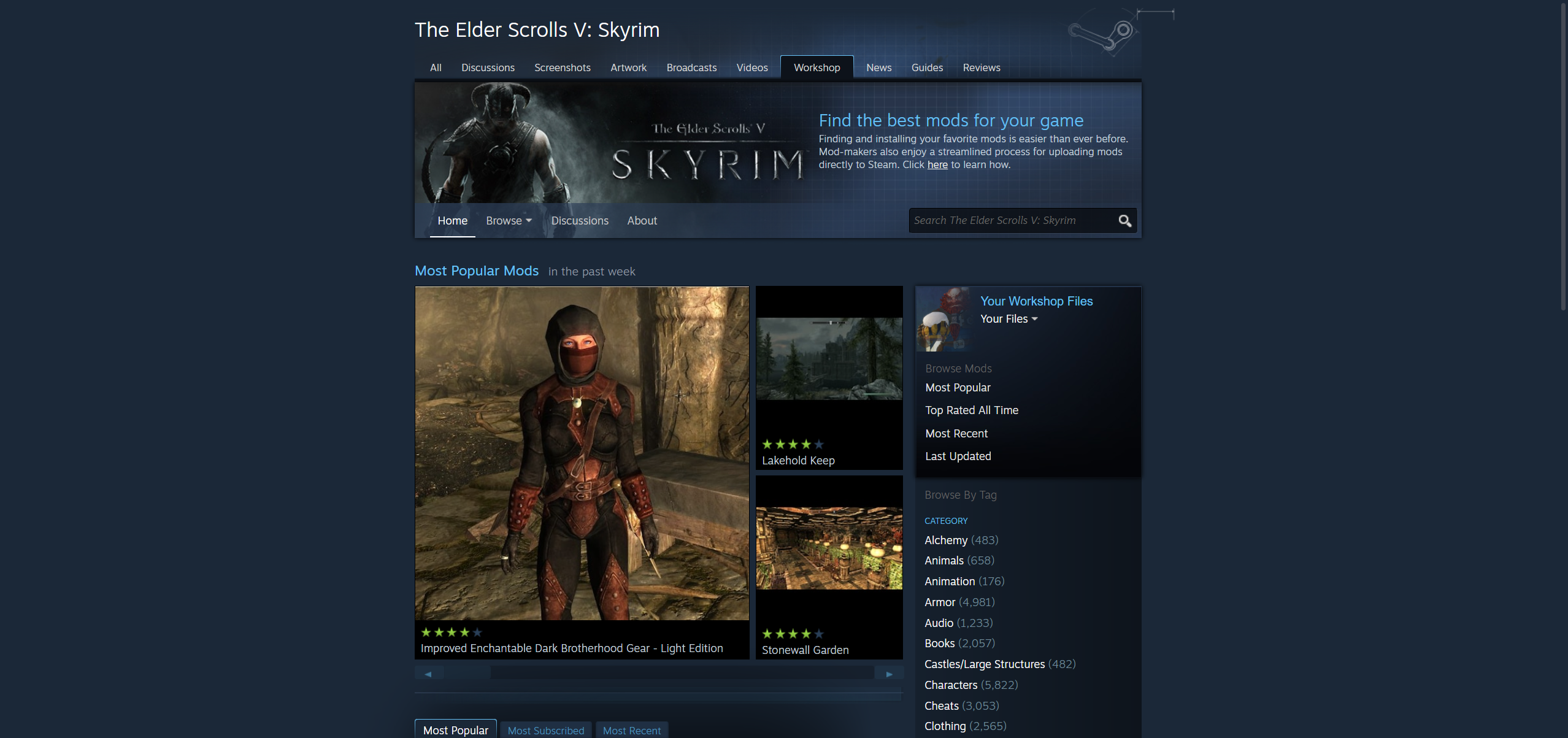 Steam: A screenshot of Skyrim's Steam Workshop page.