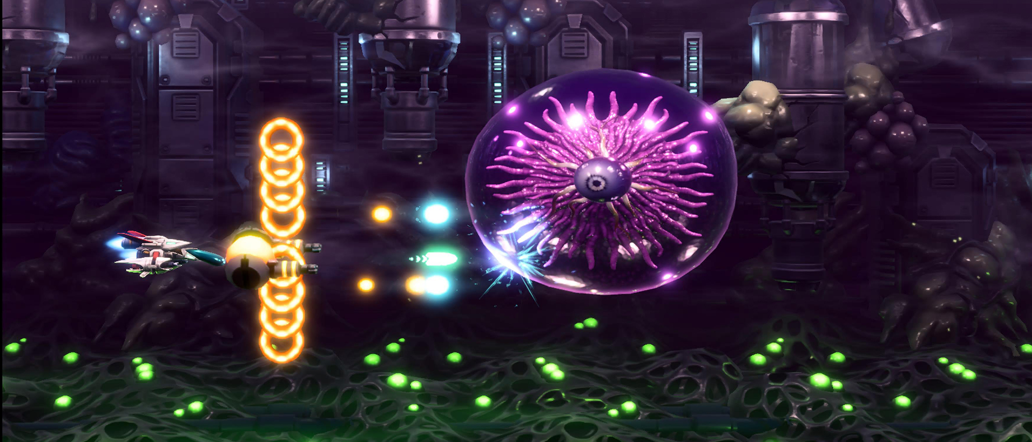Screen from a retro shooter, a little space craft shoots a giant purple blob