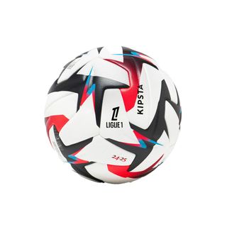 A white football with sharp black, red and blue patterns has 'Ligue 1' and 'Kipsta' written on it.