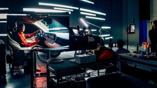 Brompton LED makes for a high-speed virtual production studio with a car driving fast.