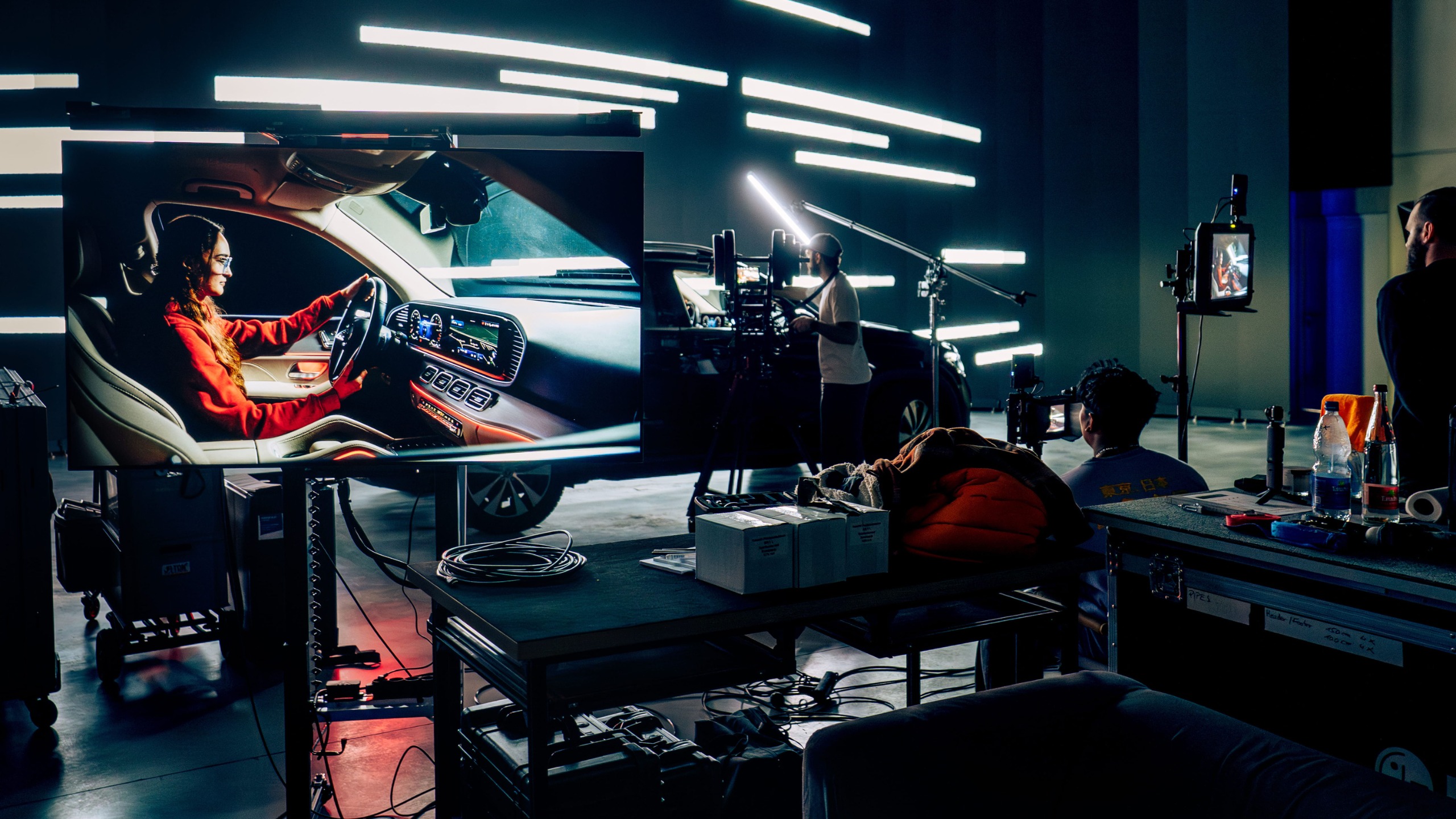 Brompton LED makes for a high-speed virtual production studio with a car driving fast.