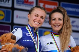 Picture by Alex Broadway/SWpix.com - 12/08/2023 - 2023 UCI Cycling World Championships - MTB Cross Country - Glentress Forest, Peebles, Scotland - Elite Women Cross-country Olympic - Podium - Gold; Pauline Ferrand Prevot, France, Silver: Loana Lecomte, France,