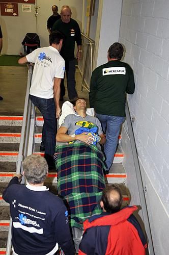 Steve Schep is stretchered to hospital for further tests.