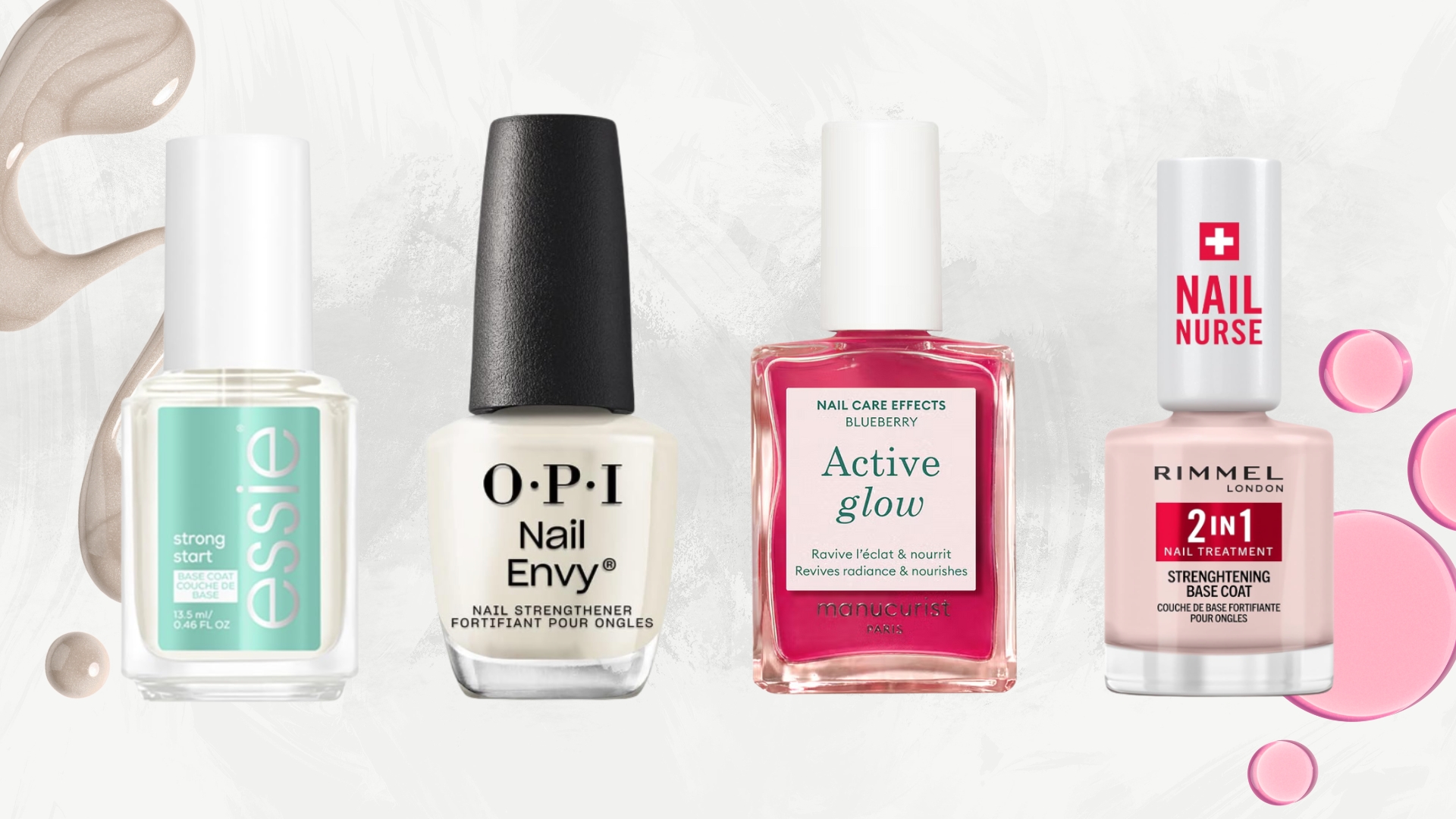 A collage of some of the best nail strengtheners featured in this guide from essie, OPI, Manucurist and Rimmel, featured on a grey and white template with two nail polish spills.