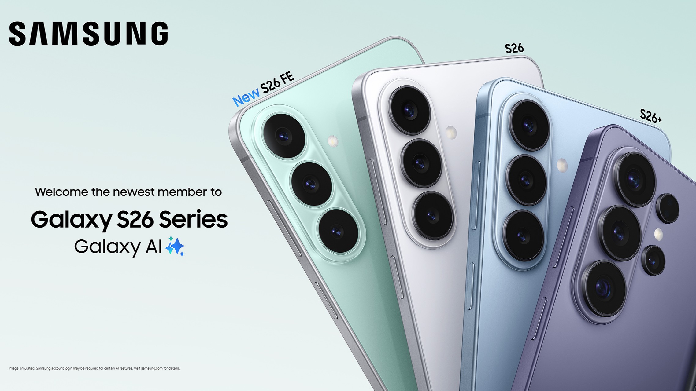 The Galaxy S26 FE beside the rest of the S26 series, including the S26 Ultra.