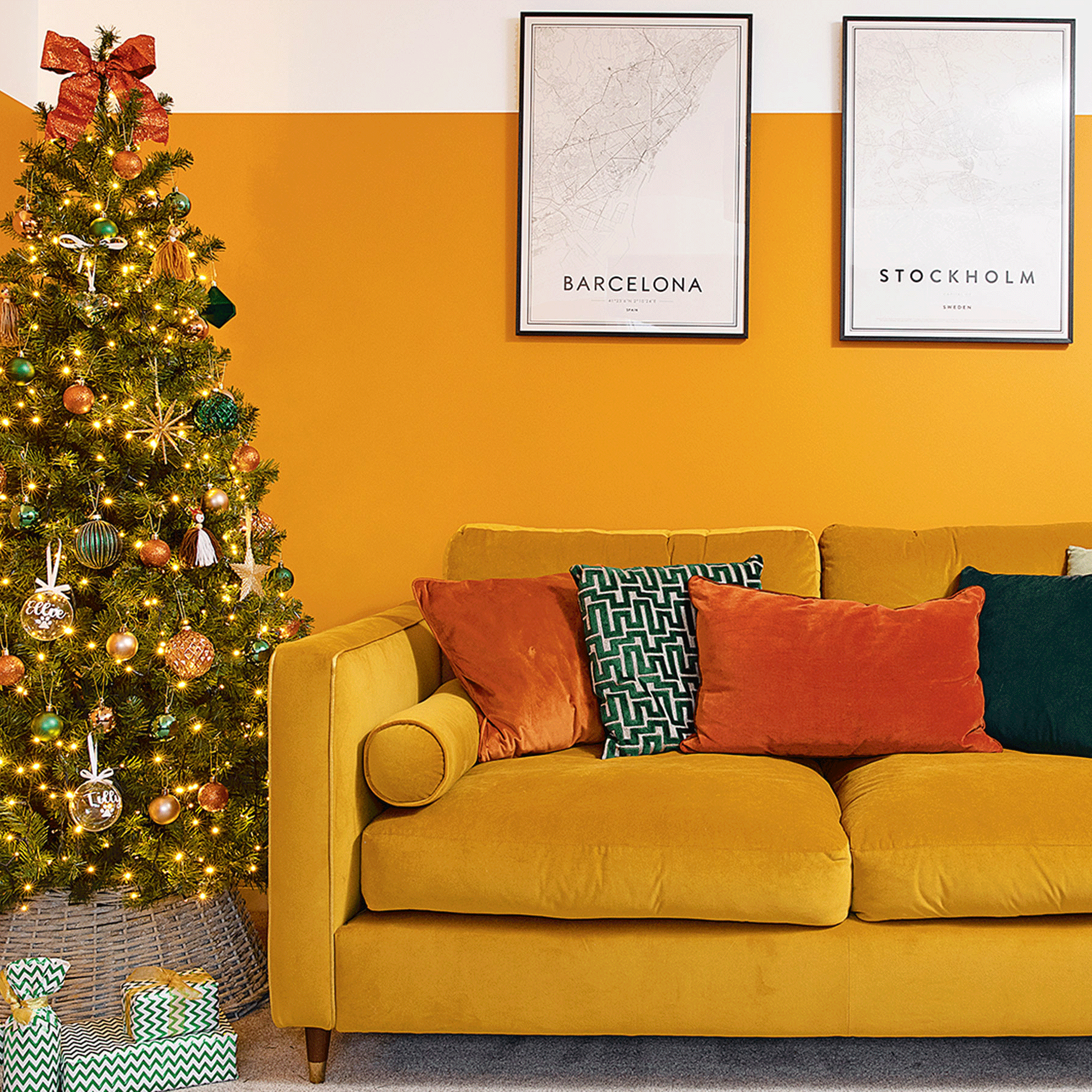 Yellow living room with yellow sofa and christmas tree