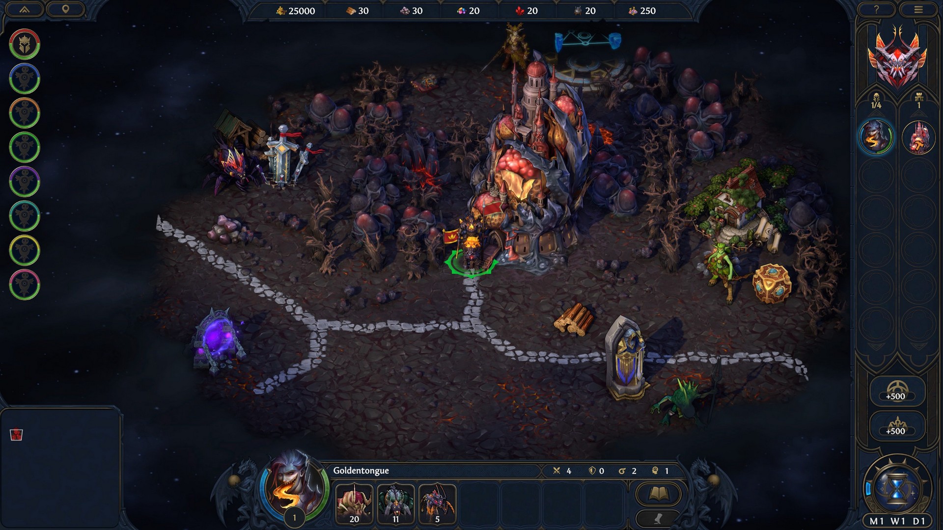 A Hive hero at their castle in Heroes of Might and Magic: Olden Era, at the beginning of a randomly generated map