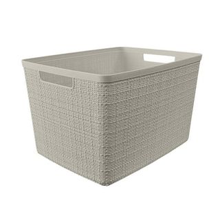 A large plastic jute storage bin with cut out handles