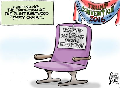 Political cartoon U.S. Clint Eastwood empty chair Trump convention