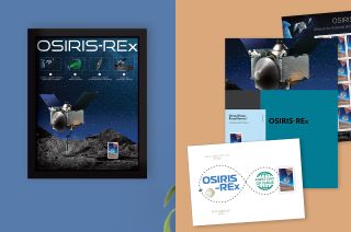In addition to 20-stamp sheets, the U.S. Postal Service is offering a commemorative panel (not pictured), a portfolio with details about the OSIRIS-REx mission (at right) and a framed stamp with a matching mat (at left).