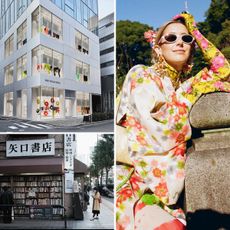 a collage of images that includes a photo of designer Poppy Lissiman and her recommendations for where to shop and eat in Tokyo