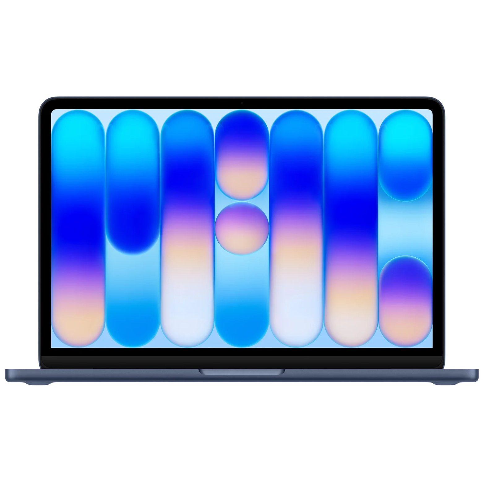 Laptop displaying an abstract wallpaper with vertical blue and purple gradients, creating a tranquil and modern aesthetic.
