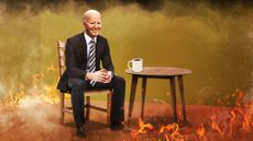 Joe Biden sitting, drinking coffee in a burning room
