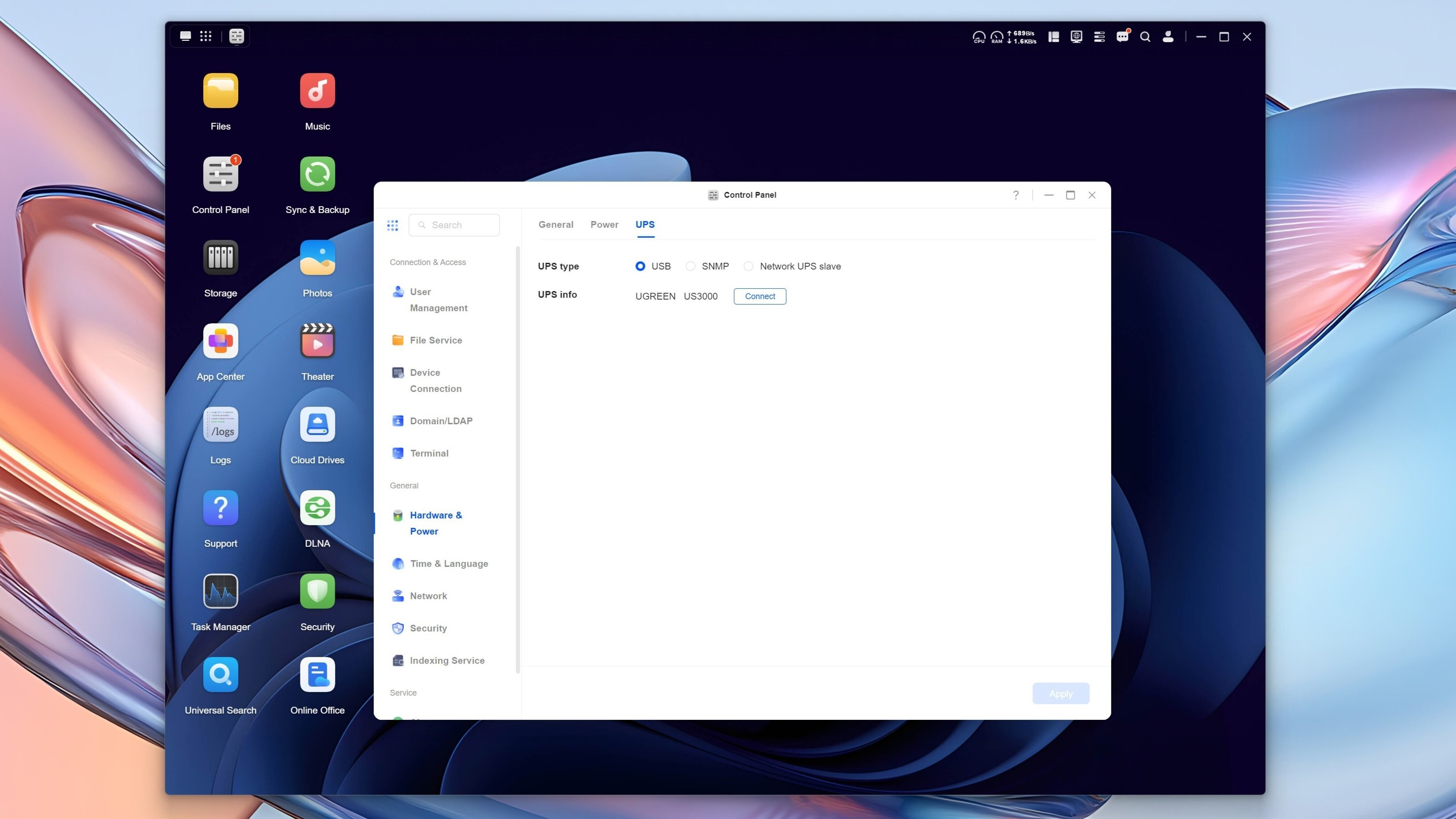 A screenshot showing the Ugreen US3000 mini UPS within Ugreen's UGOS operating system