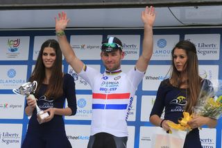 Mark Cavendish on the podium after winning Stage Five of the 2014 Volta ao Algarve from FDJ's Arnaud Demare and Bryan Coquard (Europcar)