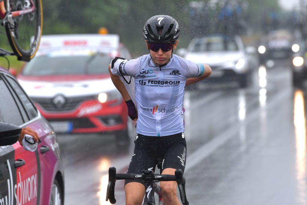 OVADA ITALY JULY 04 Niamh FisherBlack of New Zealand and Team SD Worx white best young jersey during the 32nd Giro dItalia Internazionale Femminile 2021 Stage 3 a 135km stage from Casale Monferrato to Ovada Car Feed Zone GiroDonne UCIWWT on July 04 2021 in Ovada Italy Photo by Luc ClaessenGetty Images