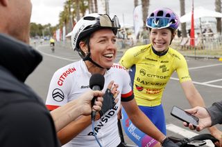 Bayside Citroën teammates Matilda Raynolds and Ruby Roseman-Gannon celebrate after Raynolds took out the final stage of the 2023 Citroën Bay Crits and Roseman-Gannon the overall