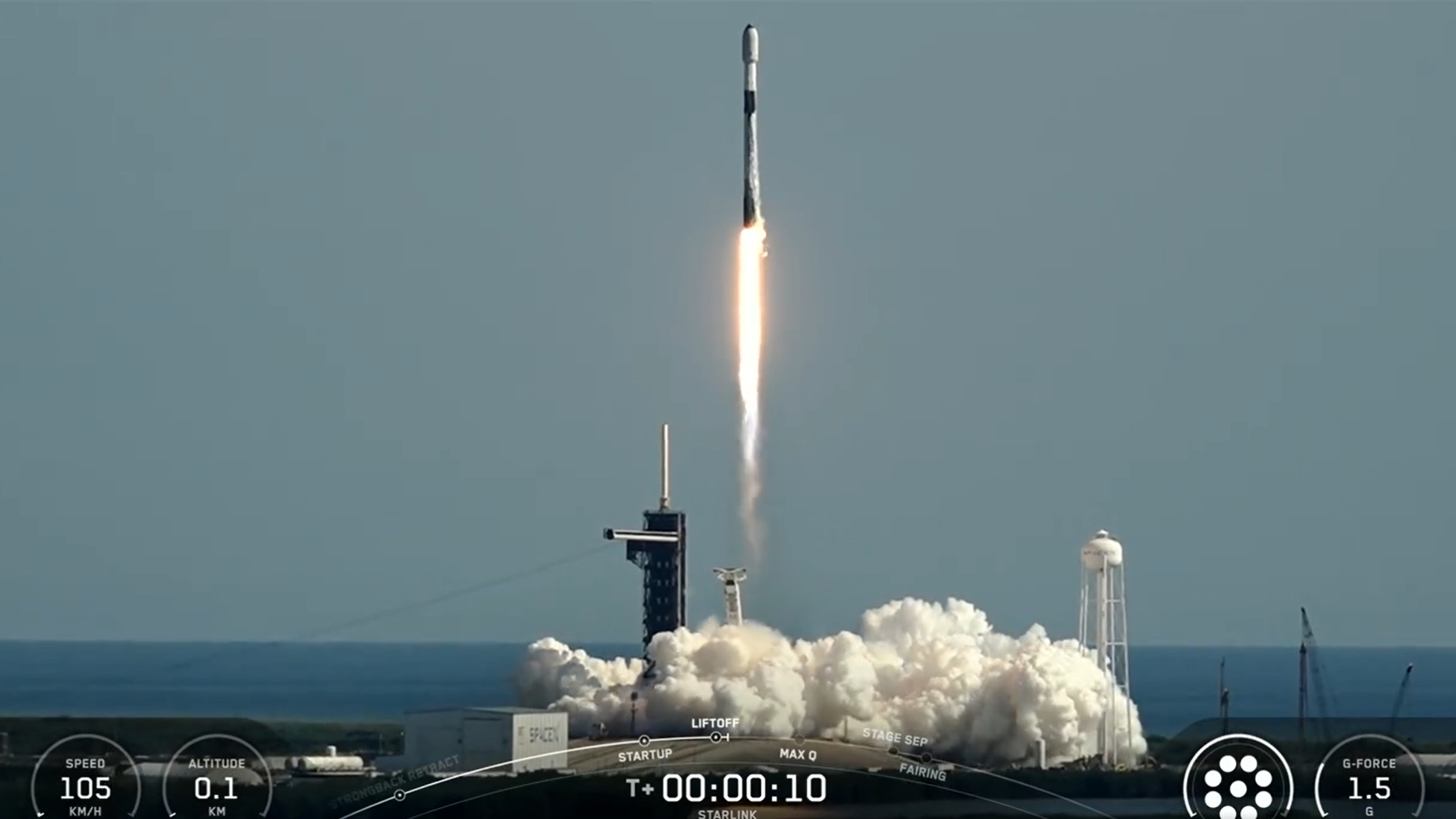 a white rocket launches against a pale blue sky