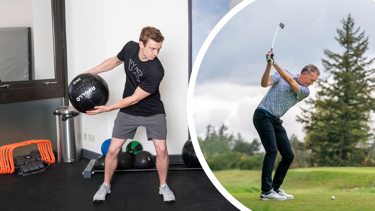 Jamie Greaves throwing a medicine ball and Fergus Bisset hitting a golf shot 