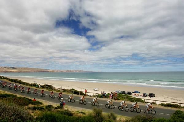 HTC-Columbia string out the peloton along the beach early in the race.