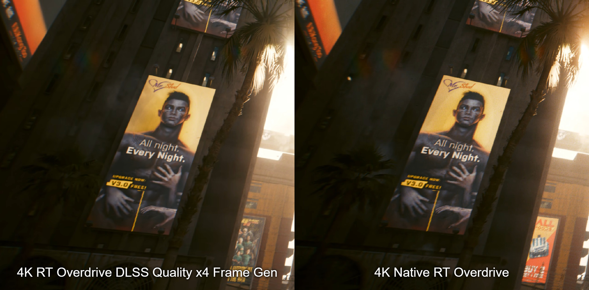 Side-by-side images of Cyberpunk 2077 with the different DLSS AI models