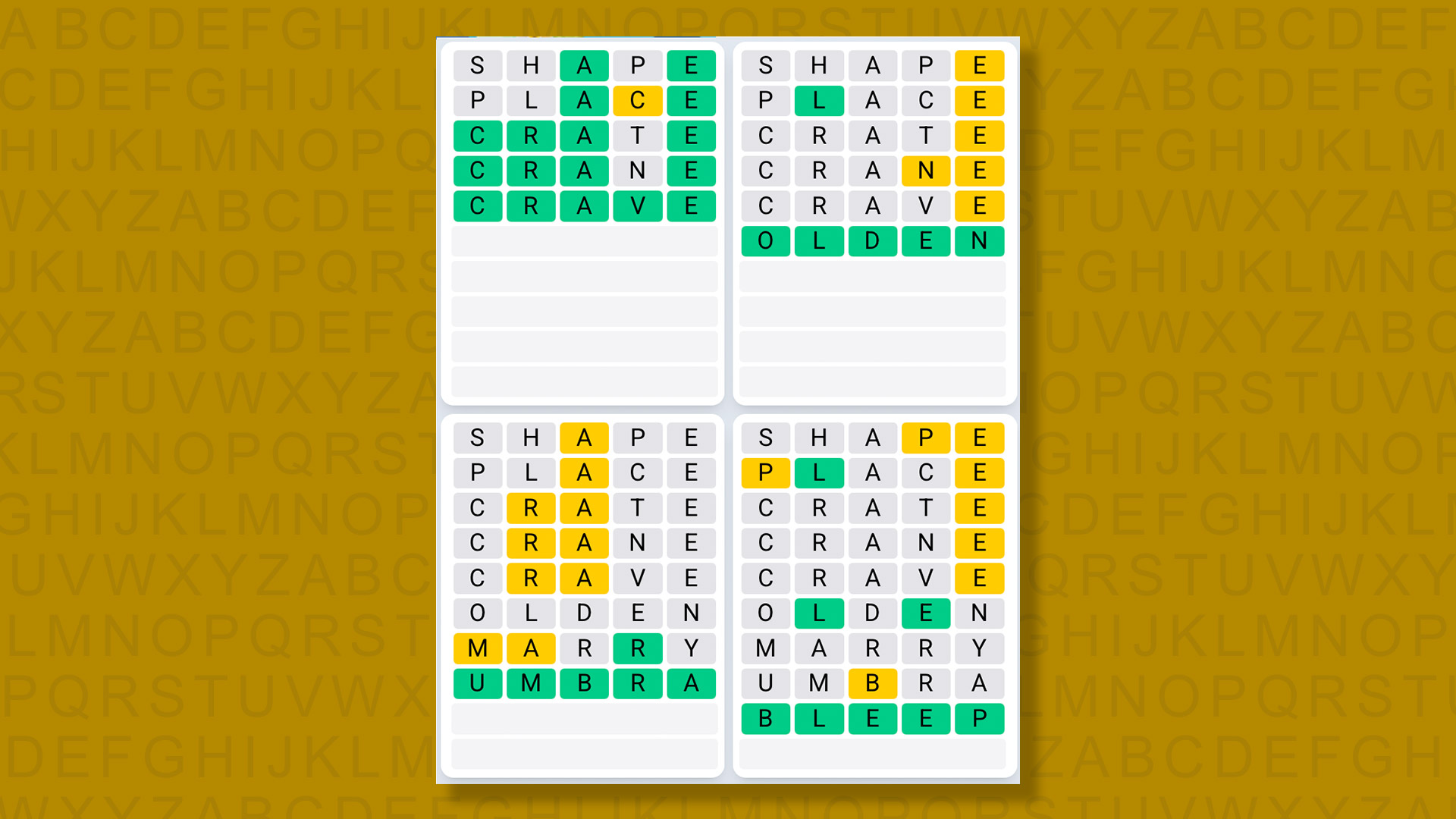 Quordle Daily Sequence answers for game 1397 on a yellow background