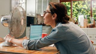 woman wearing denim shirt with brown hair wearing glasses sat at kitchen table with face close to desktop fan and working on laptop