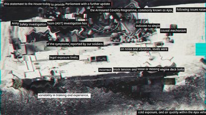 Illustration of an Ajax tank glitching and warping, overlaid with statement text the from Minister of Defence Readiness and Industry