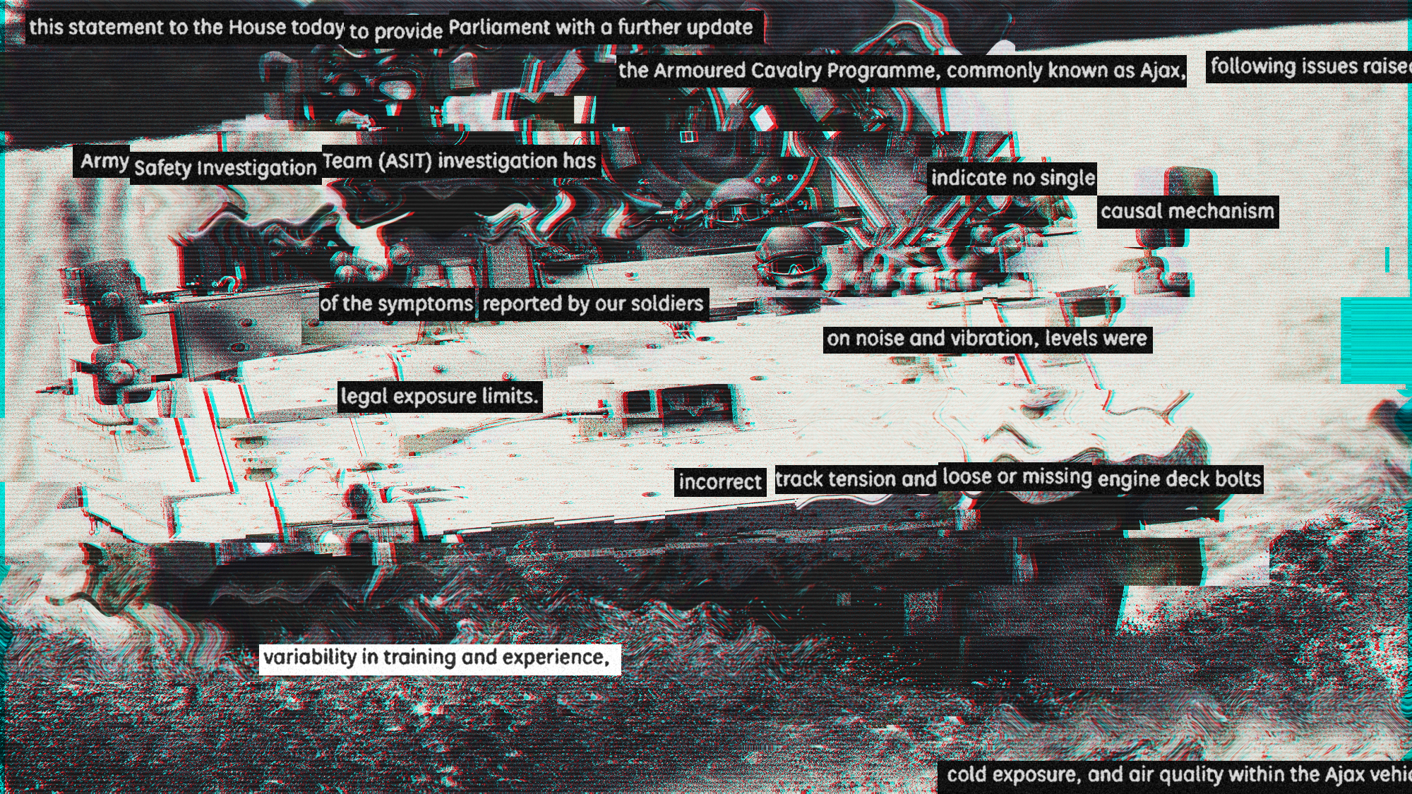 Illustration of an Ajax tank glitching and warping, overlaid with statement text the from Minister of Defence Readiness and Industry