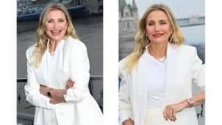 Two pictures side-by-side, of Cameron Diaz, pictured wearing a white blazer, t-shirt and trousers with red nails whilst attending the photocall for "Back In Action" at Cheval Three Quays on January 17, 2025 in London, England.