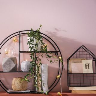 pink wall with shelves and candles
