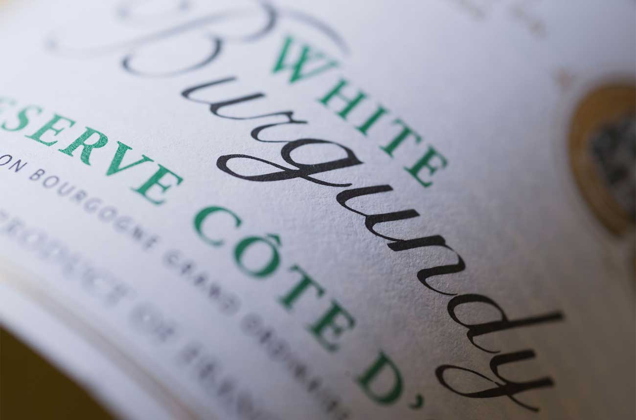 A close up of white Burgundy wine label