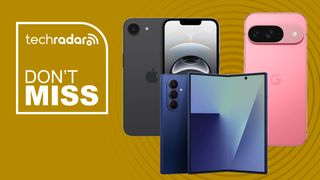 iPhone 16e, Google Pixel 9, and Samsung Galaxy Z Fold 7 on a yellow background. Text reads: Don't miss