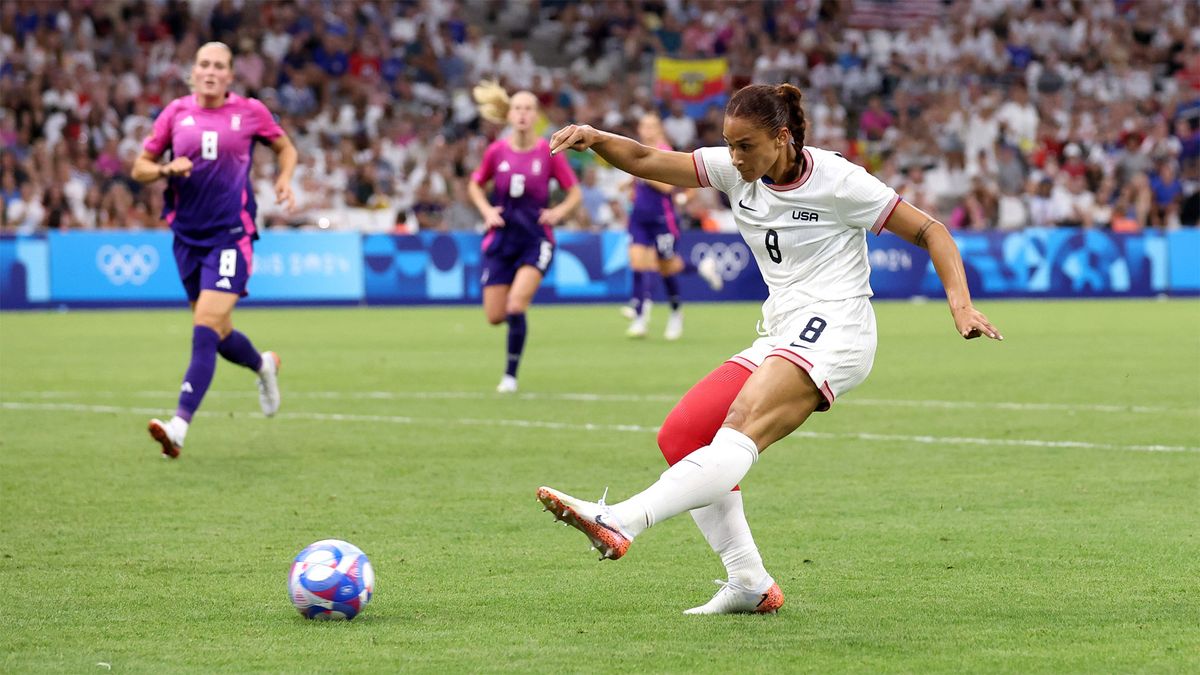 USA&#039;s Lynn Williams scores against Germany in their Olympics 2024 group match.