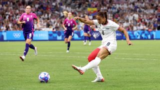 USA's Lynn Williams scores against Germany in their Olympics 2024 group match.