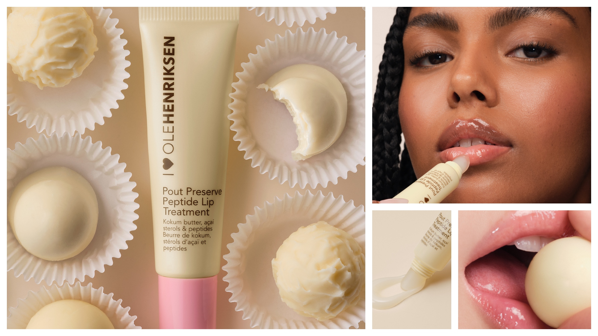 collage of olehenriksen vanilla bonbon pout preserve with candy