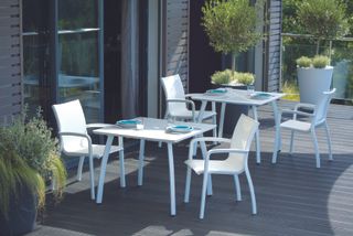Bridgman Garden - 90cm Paris Ice/White Square Dining Table with 2 Stacking Armchairs