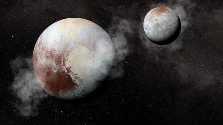 An illustration of Pluto and its moon Charon