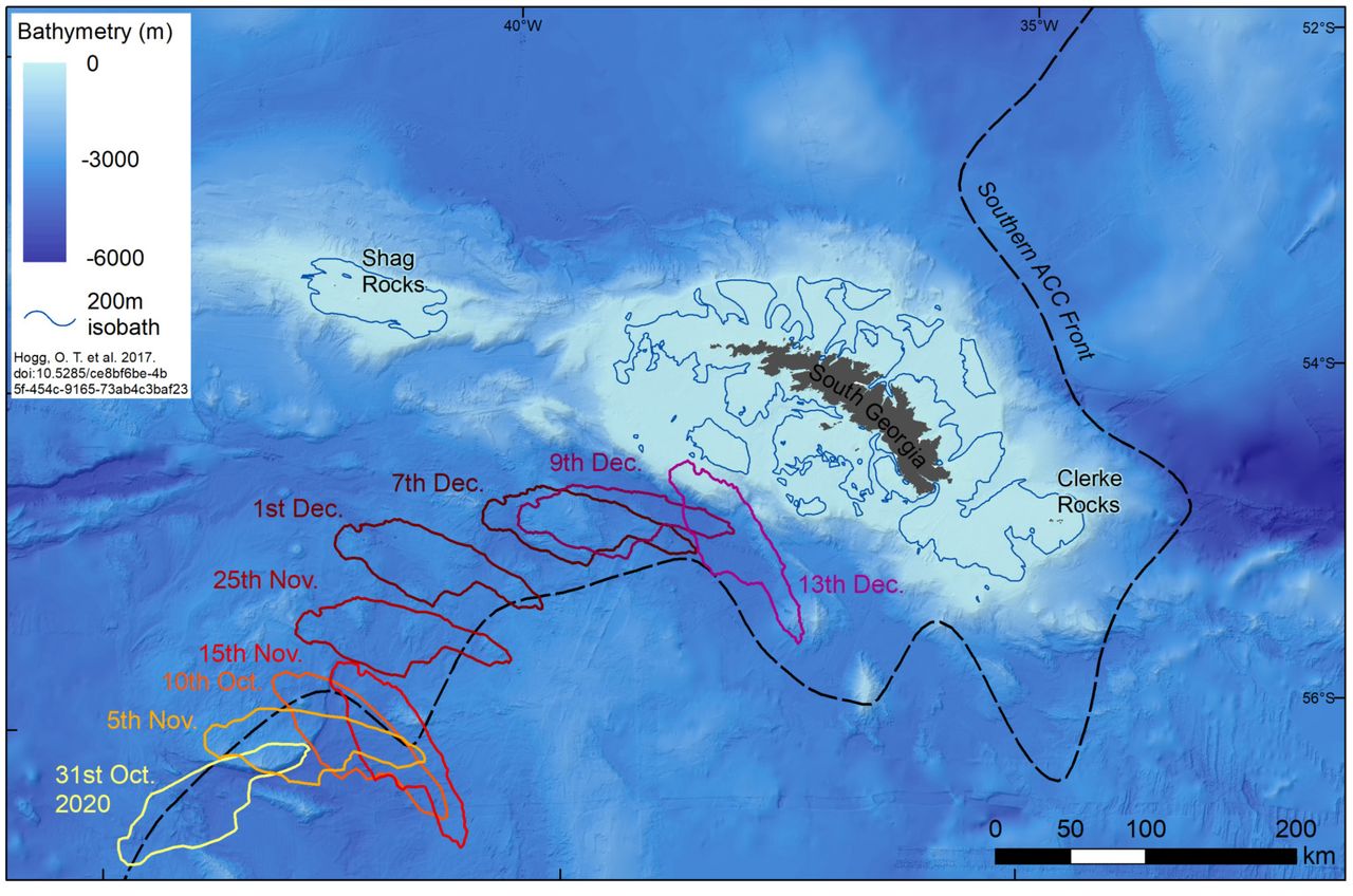 Mapping experts at British Antarctic Survey are tracking the route of the A-68a iceberg from satellite imagery.