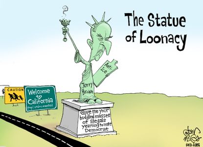 Political cartoon U.S. California Jerry Brown immigration