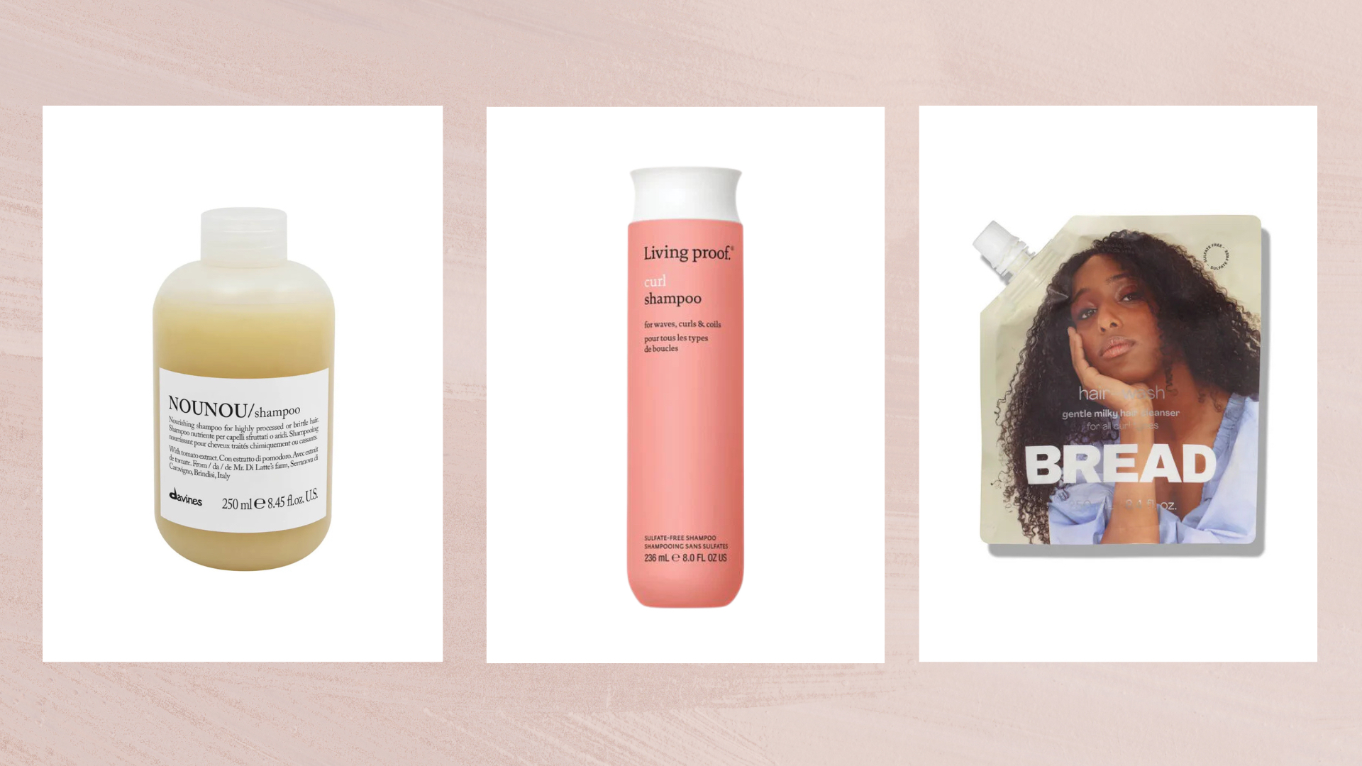 Collage of three of the best conditioners for curly hair featured in this guide from (left to right) Davines, Living Proof and Bread Beauty Supply, set against a dusky pink watercolour background 
