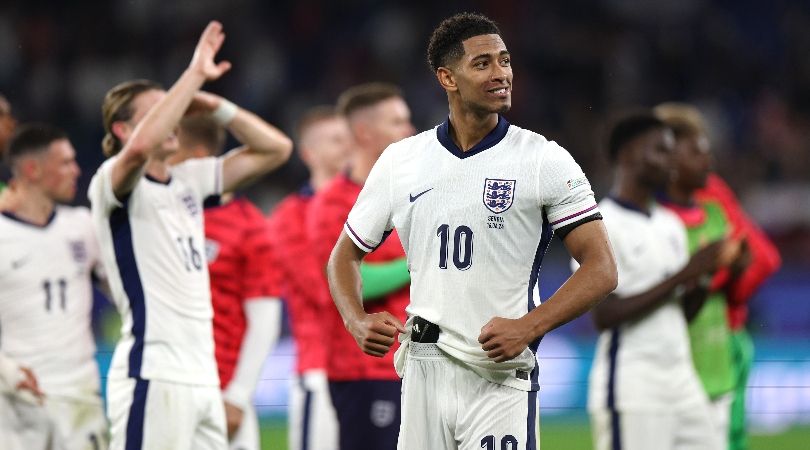 Jude Bellingham celebrates at the final whistle after England beat Serbia 1-0 in their Euro 2024 opener.