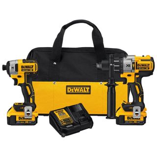 Black and yellow DeWalt hammer drill and impact driver with matching bag