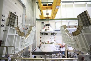 This is the first Orion spacecraft that will fly to the moon, sitting in the Neil Armstrong Operations and Checkout facility at NASA's Kennedy Space Center. This craft will fly as part of NASA'a Artemis program, which aims to return humans to the lunar surface in 2024.