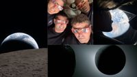 Four images next to each other show the surface of the moon, a dark sphere of the moon covering the sun, four astronauts wearing eclipse glasses, and a female astronaut looking up at Earth.